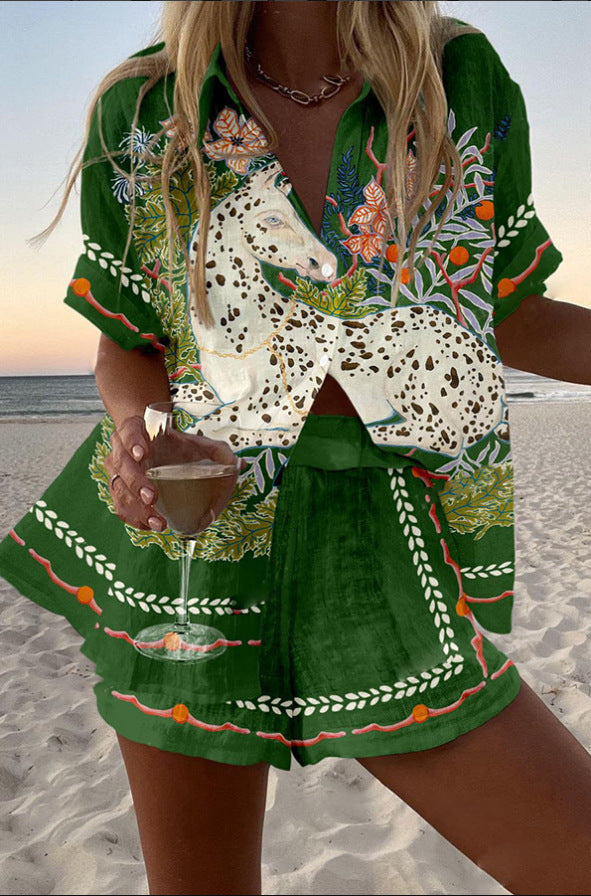 Céphira – krótki Lniany Garnitur z Nadrukiem Konia